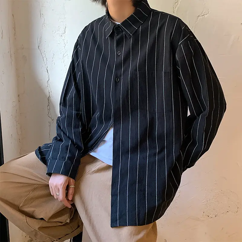 Men Striped Long Sleeve Shirt Black White Loose Casual - Image 2