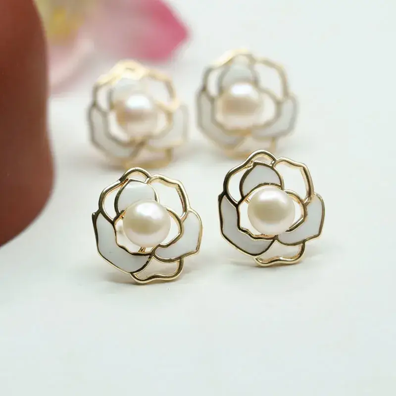 Guan Yu Pearl Rose Flower Stud Earrings Gold Plated — feature 10