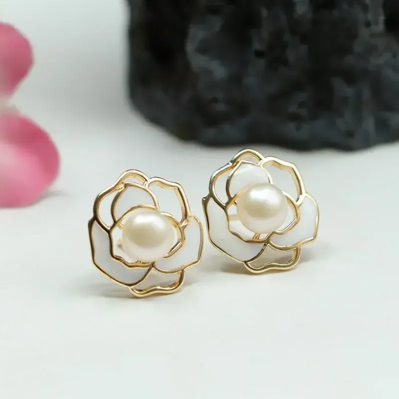 Guan Yu Pearl Rose Flower Stud Earrings Gold Plated — feature 9