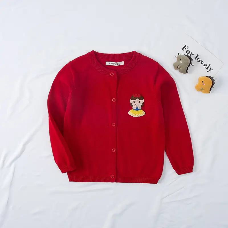 Red Embroidered Cotton Crewneck Sweater for Kids