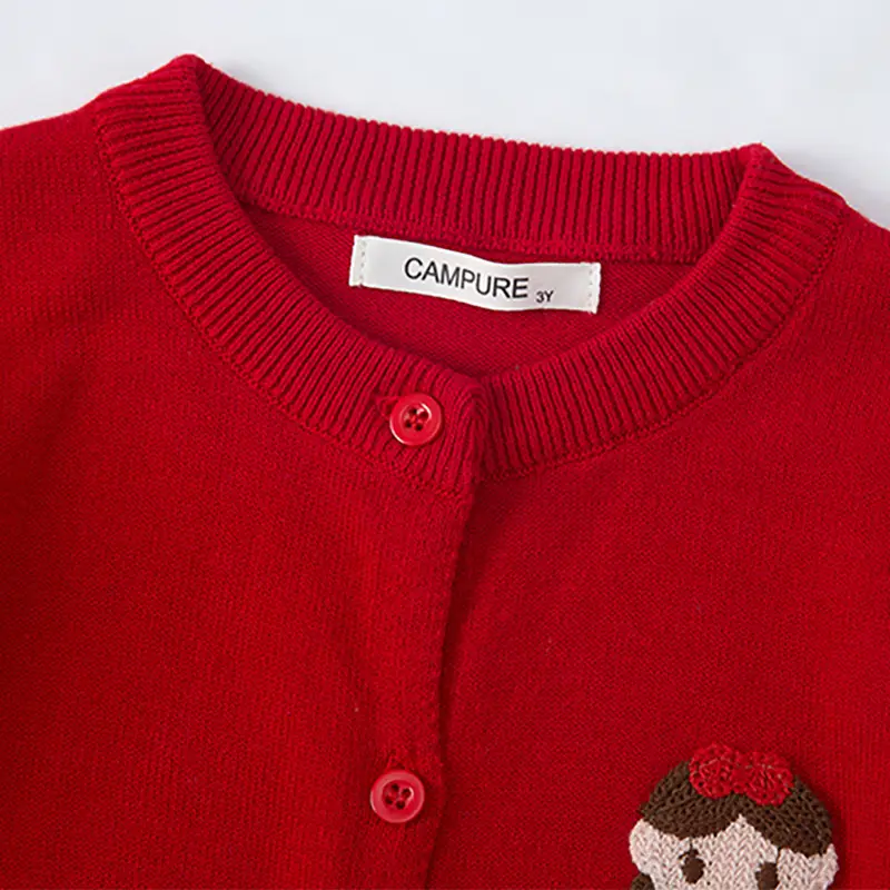 Red Embroidered Cotton Crewneck Sweater for Kids