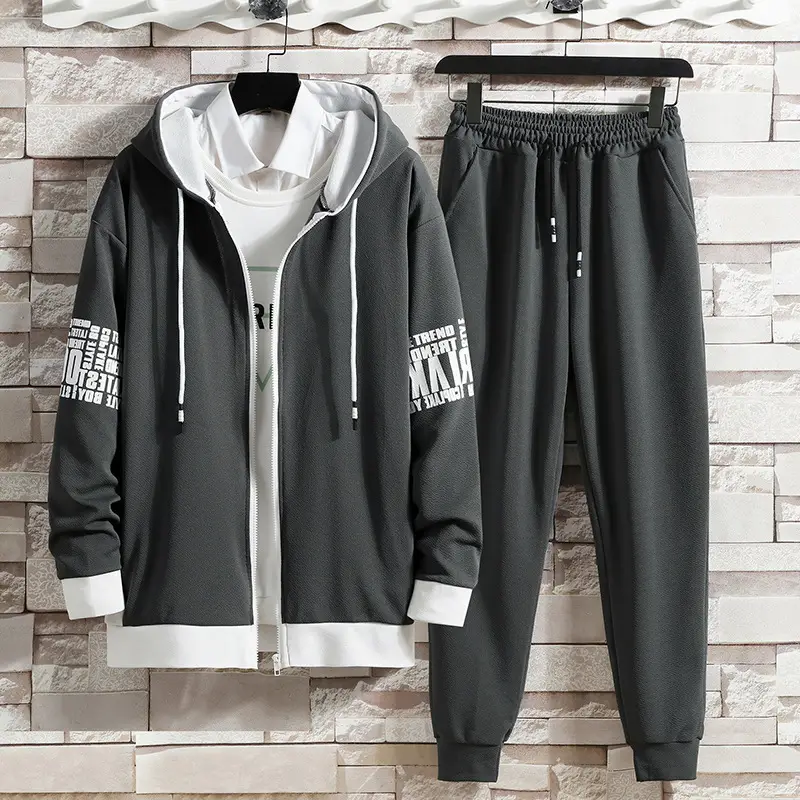 Men Grey Hooded Sweatshirt Set with Zipper Front - Image 2