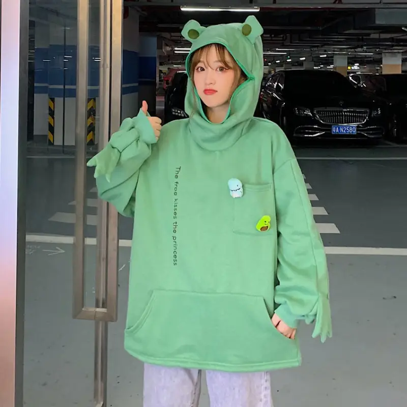 Frog Hoodie Women Green Fleece Lined Hooded Sweatshirt - Image 2
