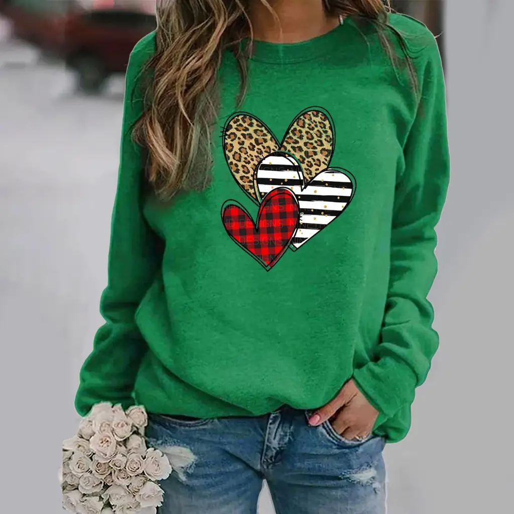 Green Heart Print Long Sleeve Women's Sweatshirt
