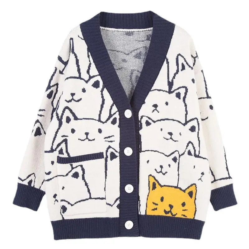 Women Cat Jacquard Sweater Jacket V Neck Large Winter - Image 5