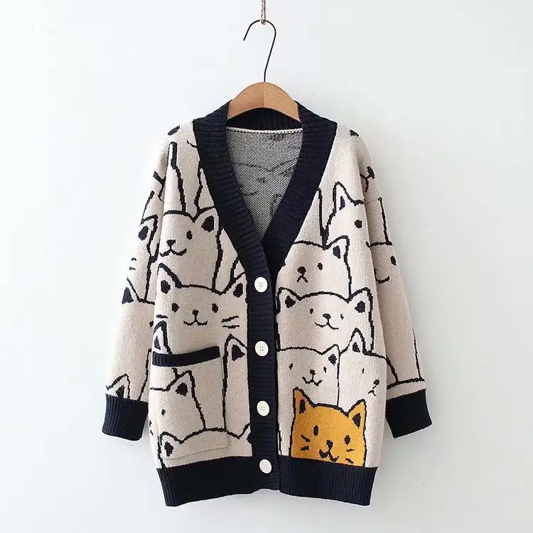Women Cat Jacquard Sweater Jacket V Neck Large Winter β feature 12