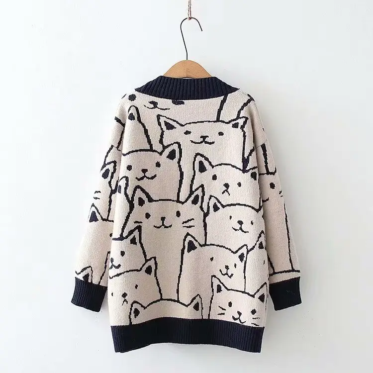 Women Cat Jacquard Sweater Jacket V Neck Large Winter β feature 13