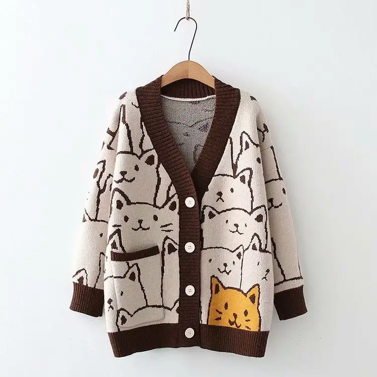 Women Cat Jacquard Sweater Jacket V Neck Large Winter β feature 14