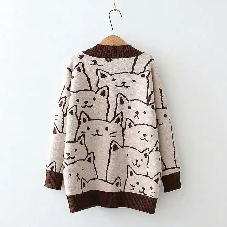 Women Cat Jacquard Sweater Jacket V Neck Large Winter β feature 15