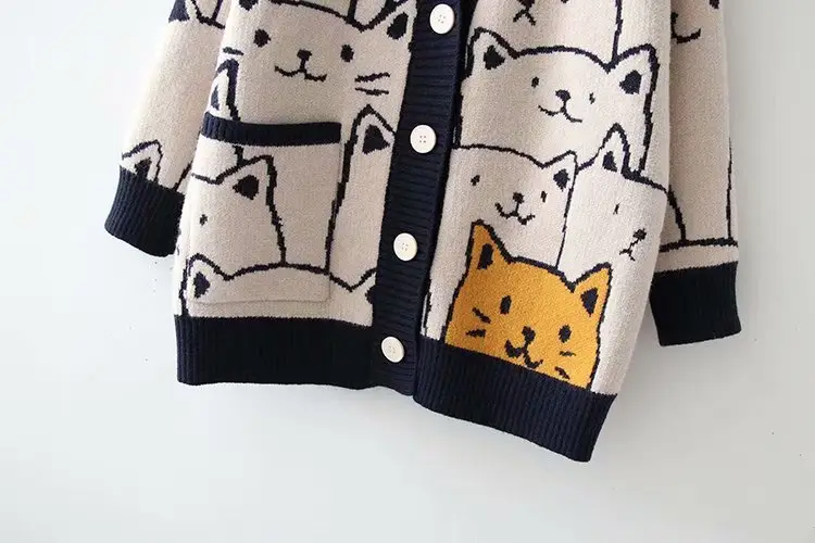 Women Cat Jacquard Sweater Jacket V Neck Large Winter β feature 24