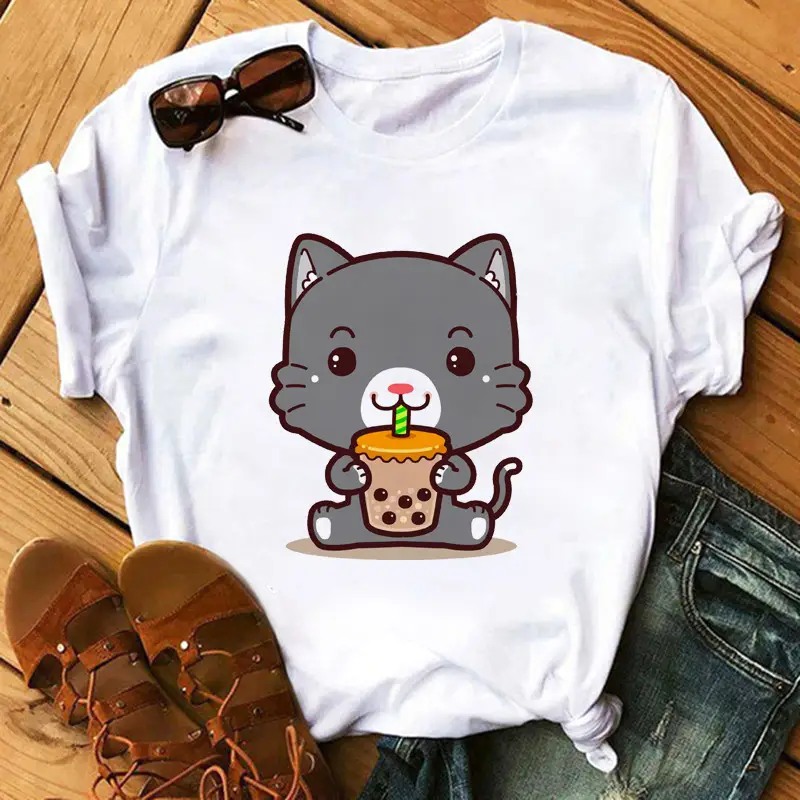 New Super Hot Pearl Milk Tea Cat Print T-Shirt for Men Women - Image 12