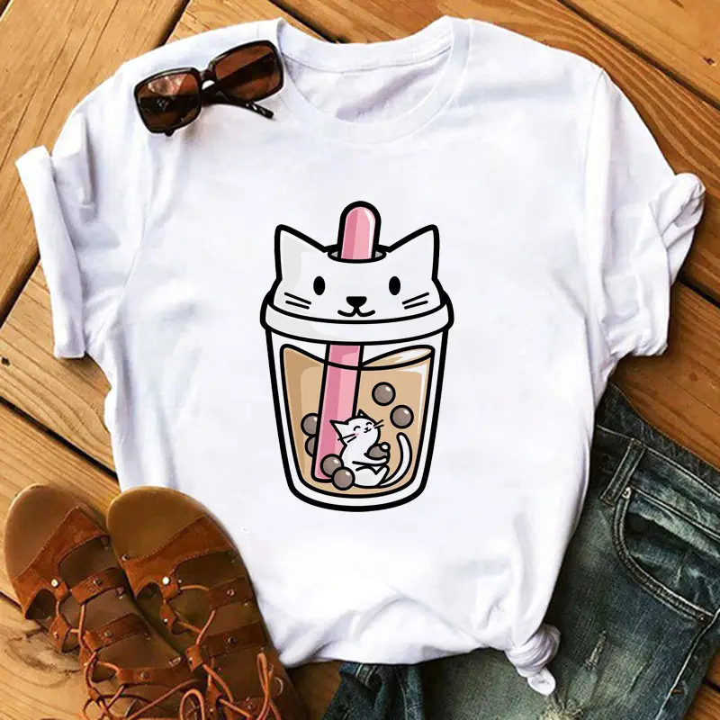 New Super Hot Pearl Milk Tea Cat Print T-Shirt for Men Women - Image 14