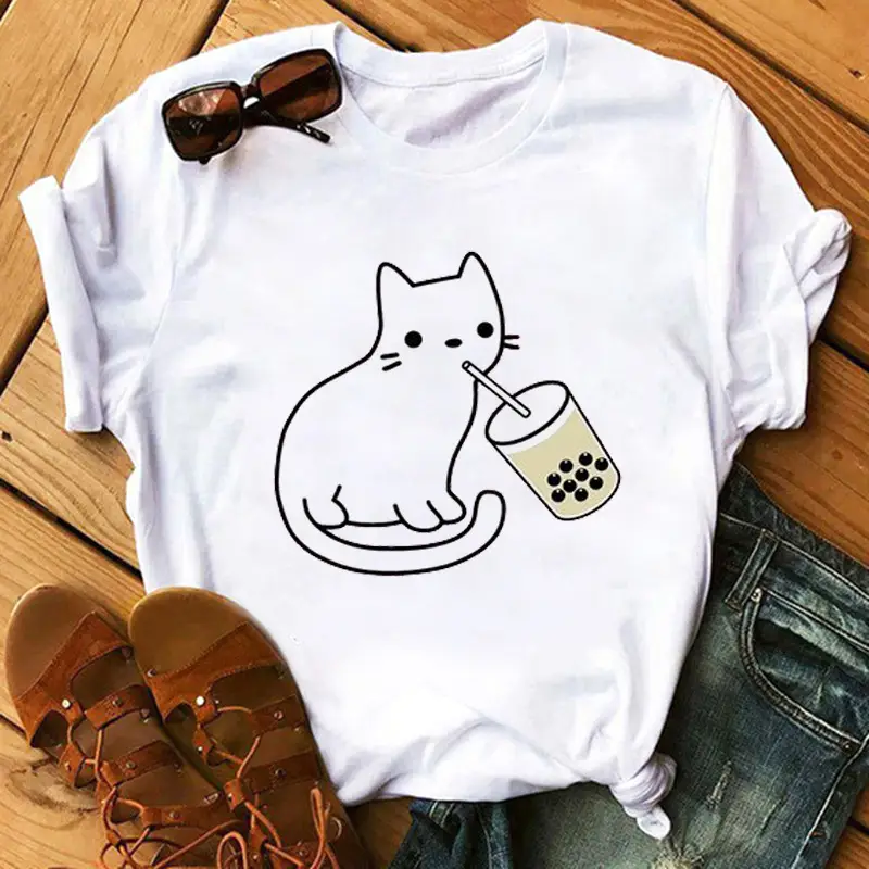 New Super Hot Pearl Milk Tea Cat Print T-Shirt for Men Women - Image 20