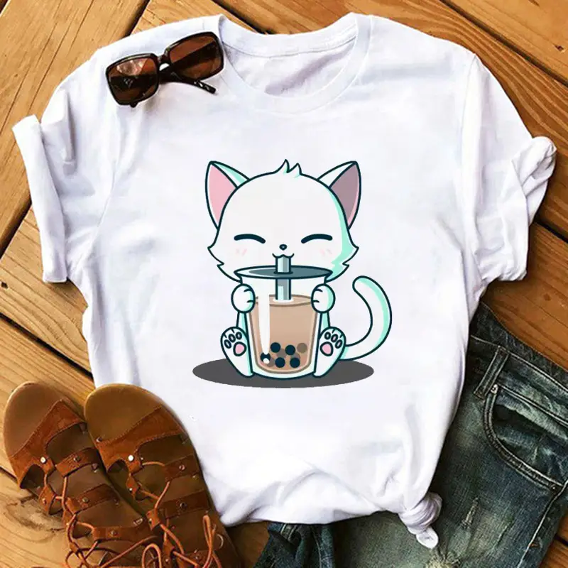 New Super Hot Pearl Milk Tea Cat Print T-Shirt for Men Women - Image 5
