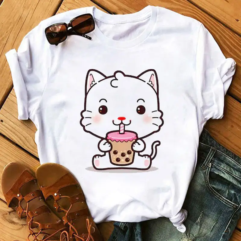 New Super Hot Pearl Milk Tea Cat Print T-Shirt for Men Women - Image 6