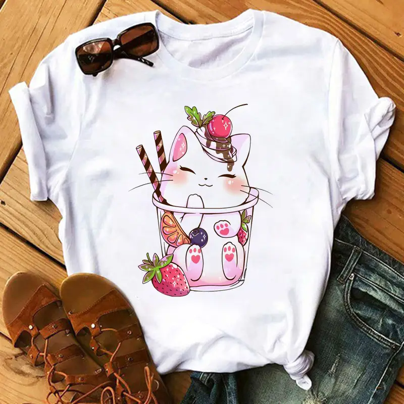 New Super Hot Pearl Milk Tea Cat Print T-Shirt for Men Women - Image 9