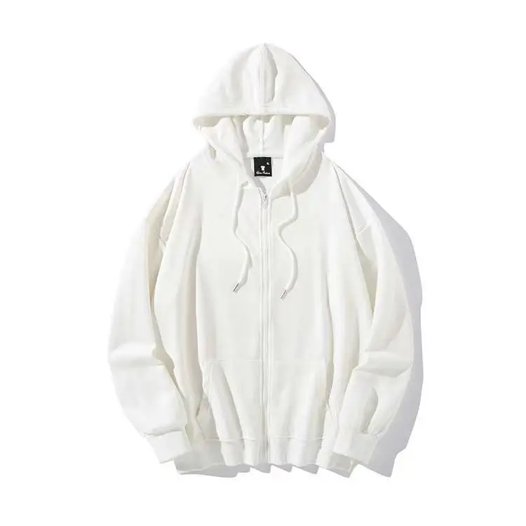 Men Full Zip Hoodie White Cotton Hooded Sweatshirt - Image 5