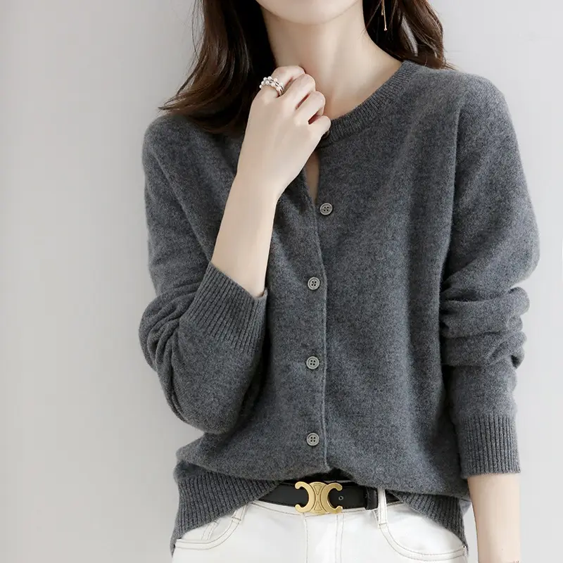 Black Knitted Round Neck Cardigan for Women Large - Image 18