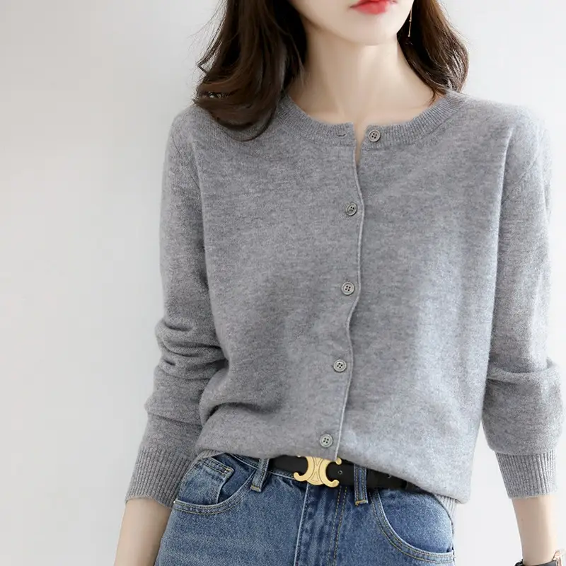 Black Knitted Round Neck Cardigan for Women Large - Image 3