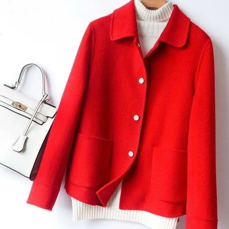 Women Woolen Red Coat Autumn Winter Long Sleeve - Image 2