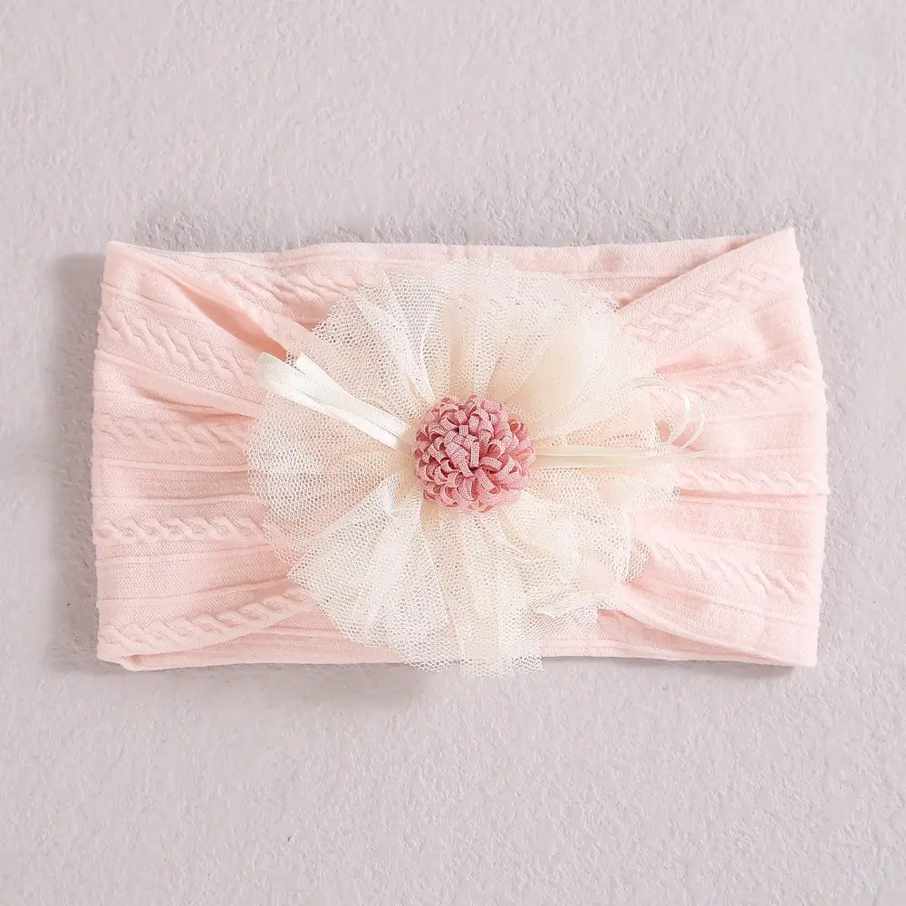 Baby Jacquard Hair Band with Pink Flower Accent - Image 2