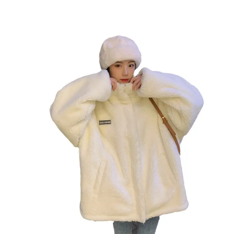 Women's White Wool Stuffed Loose Sweater Jacket Autumn Winter - Image 6
