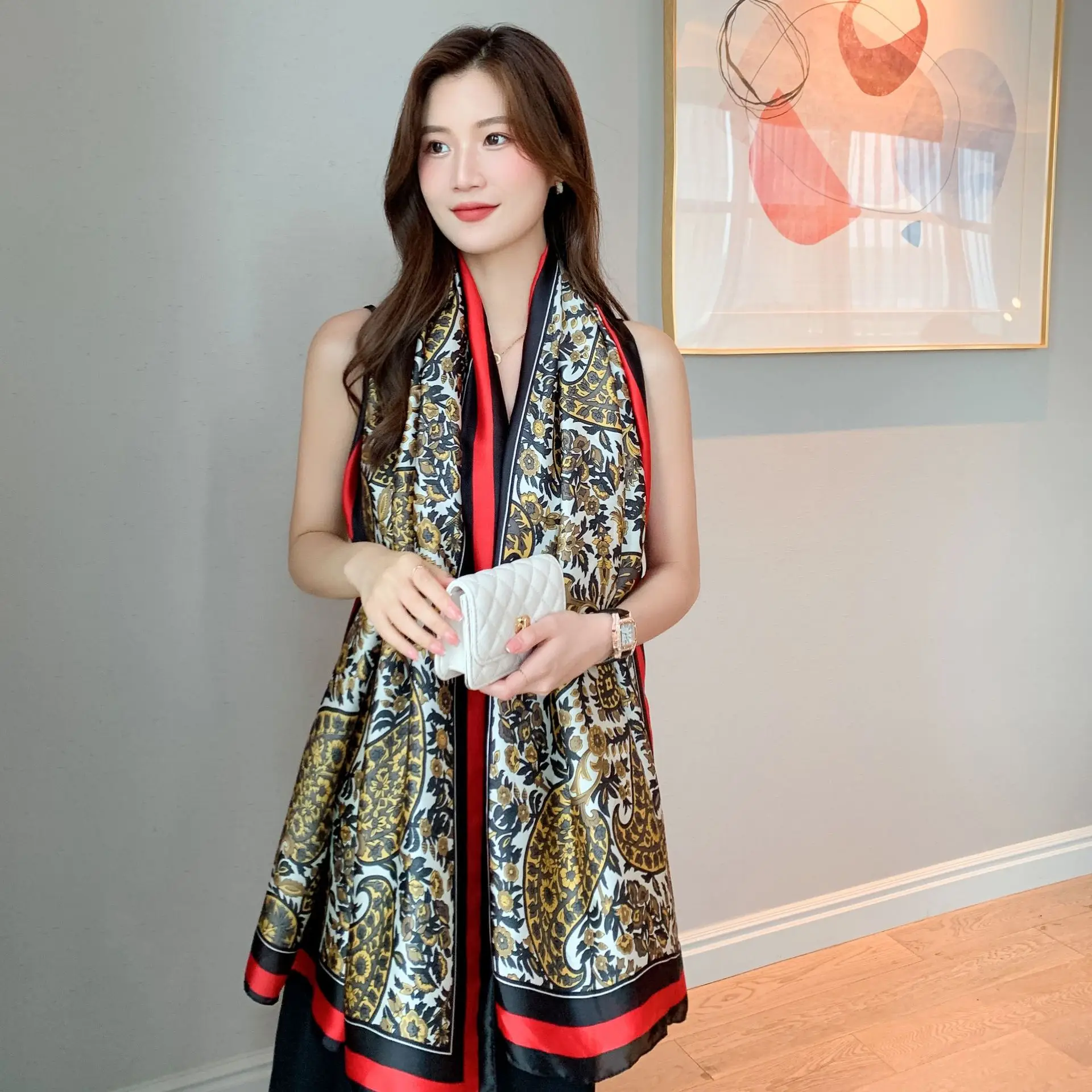 Women's Printed Silk Scarf with Toe Length Design - Image 9
