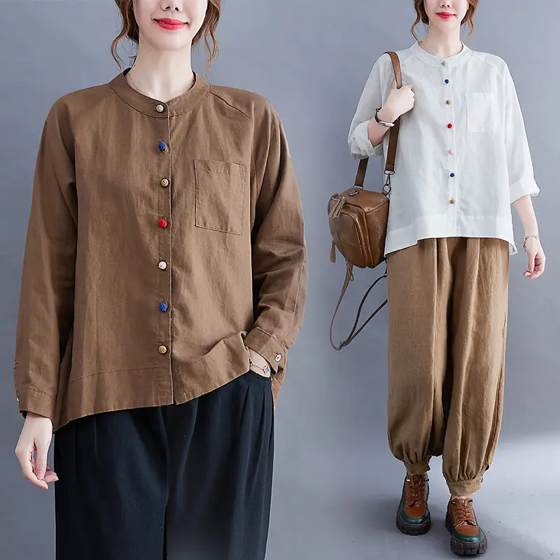 Women Cotton Linen Button Shirt Brown Long Sleeve - Image 5
