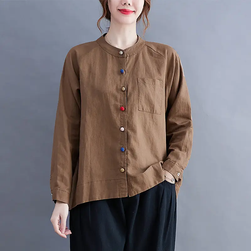 Women Cotton Linen Button Shirt Brown Long Sleeve - Image 6