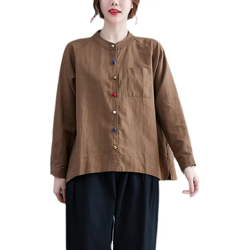 Women Cotton Linen Button Shirt Brown Long Sleeve - Image 8