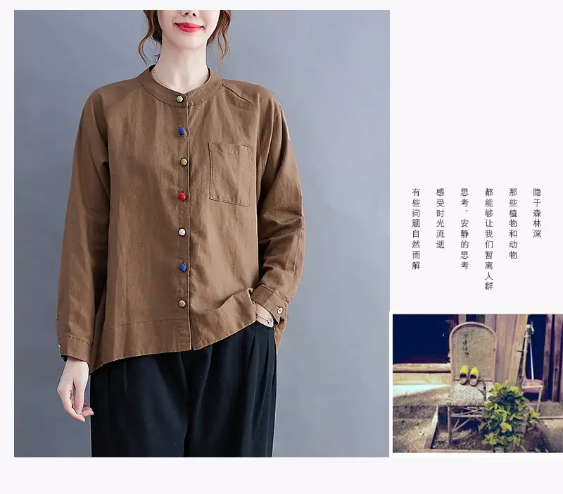 Women Cotton Linen Button Shirt Brown Long Sleeve — feature 13