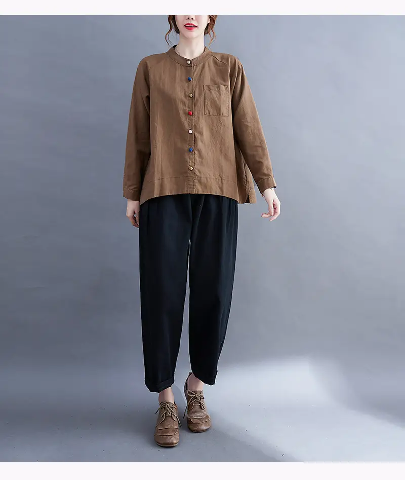 Women Cotton Linen Button Shirt Brown Long Sleeve — feature 14