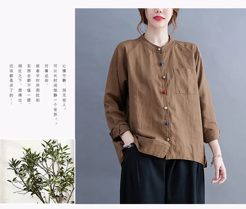 Women Cotton Linen Button Shirt Brown Long Sleeve — feature 15