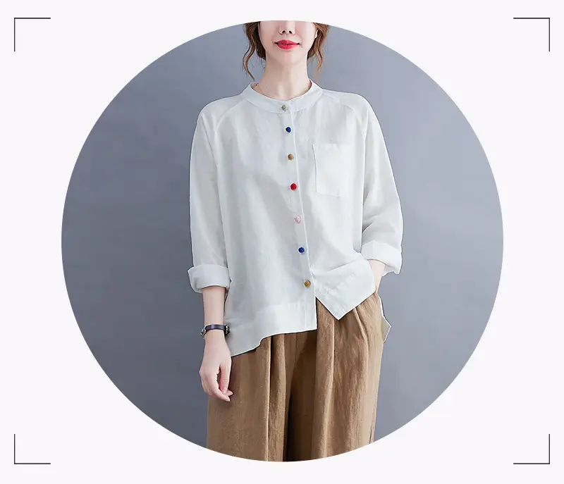 Women Cotton Linen Button Shirt Brown Long Sleeve — feature 16