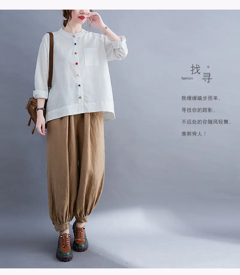 Women Cotton Linen Button Shirt Brown Long Sleeve — feature 17