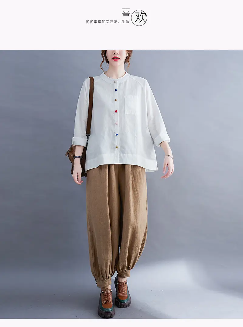 Women Cotton Linen Button Shirt Brown Long Sleeve — feature 18