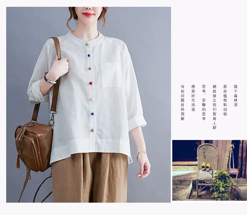 Women Cotton Linen Button Shirt Brown Long Sleeve — feature 19