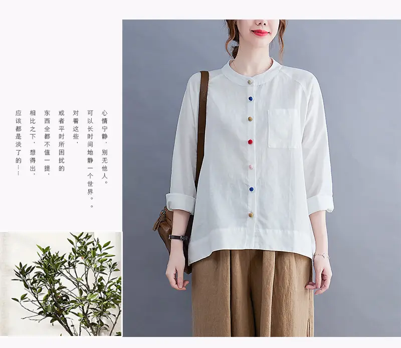 Women Cotton Linen Button Shirt Brown Long Sleeve — feature 20