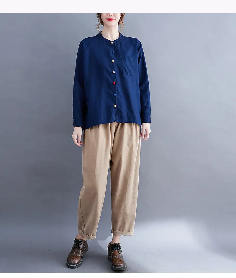 Women Cotton Linen Button Shirt Brown Long Sleeve — feature 22
