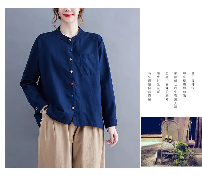 Women Cotton Linen Button Shirt Brown Long Sleeve — feature 24