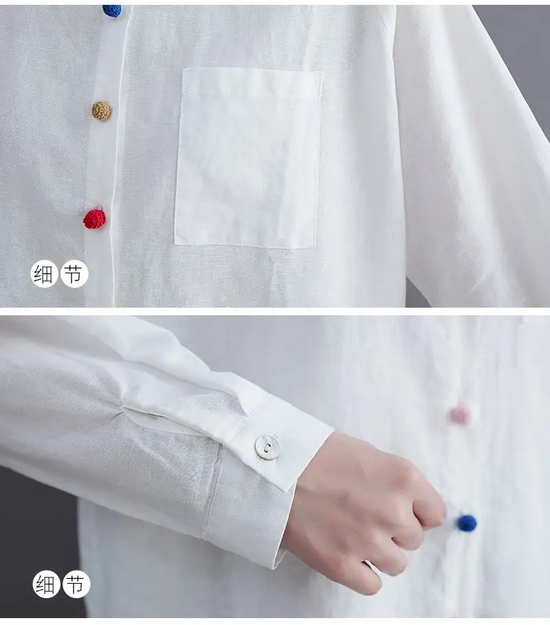 Women Cotton Linen Button Shirt Brown Long Sleeve — feature 27