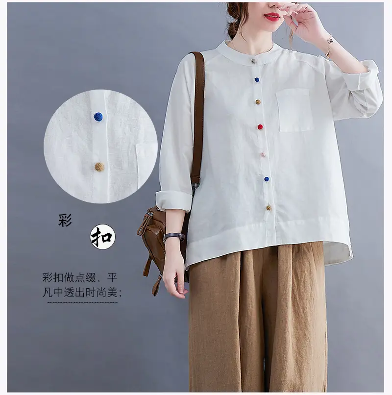 Women Cotton Linen Button Shirt Brown Long Sleeve — feature 7
