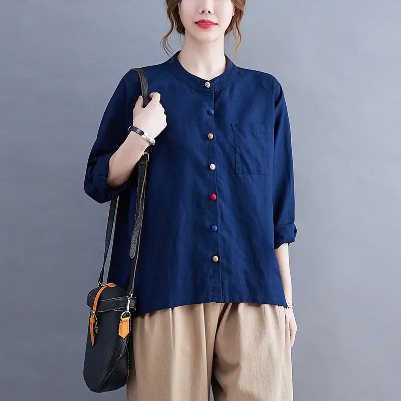 Women Cotton Linen Button Shirt Brown Long Sleeve - Image 2