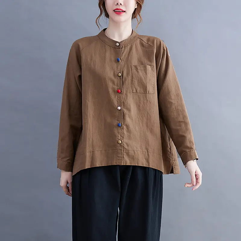 Women Cotton Linen Button Shirt Brown Long Sleeve - Image 3