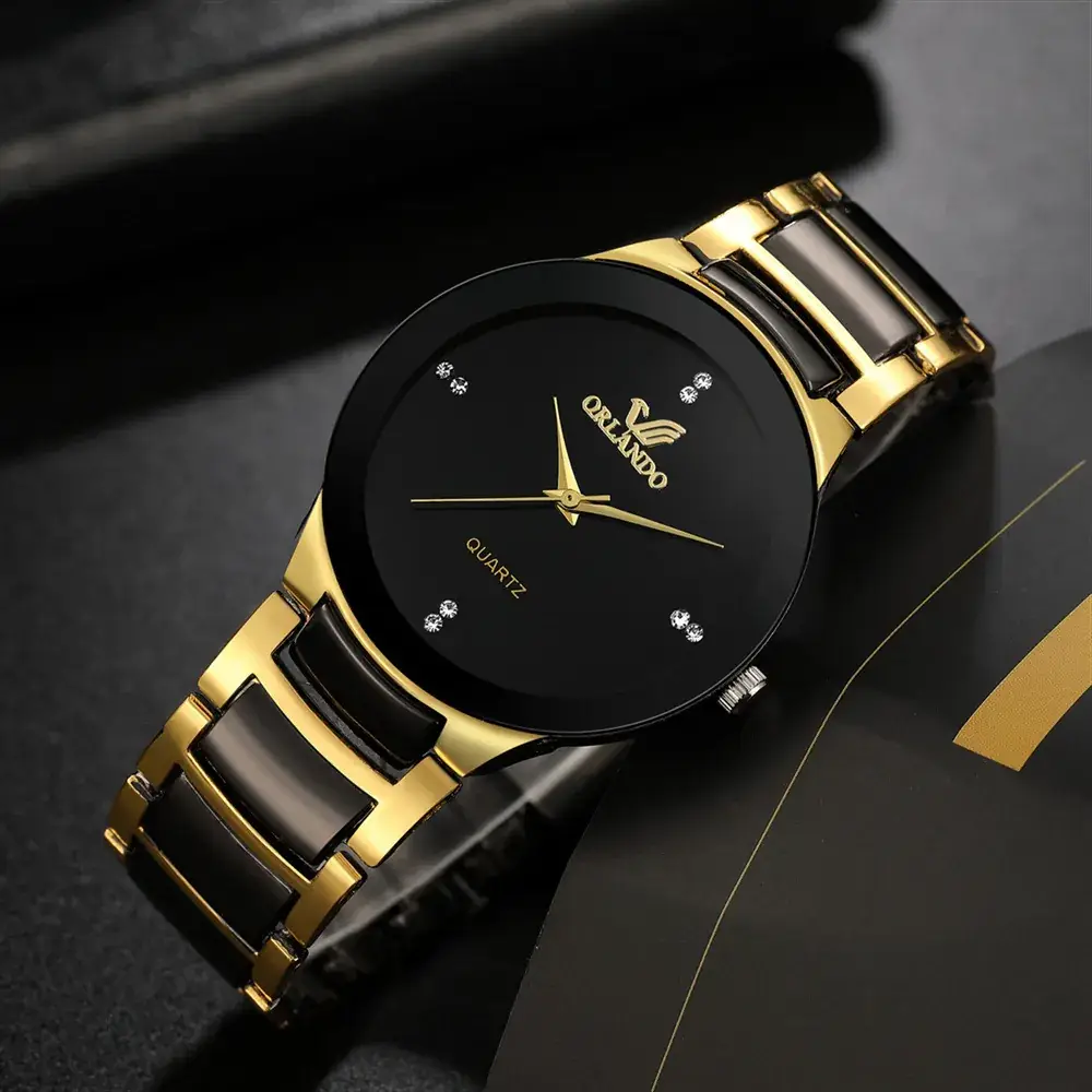 Men's Gold Diamond Strap Watch with Black Dial