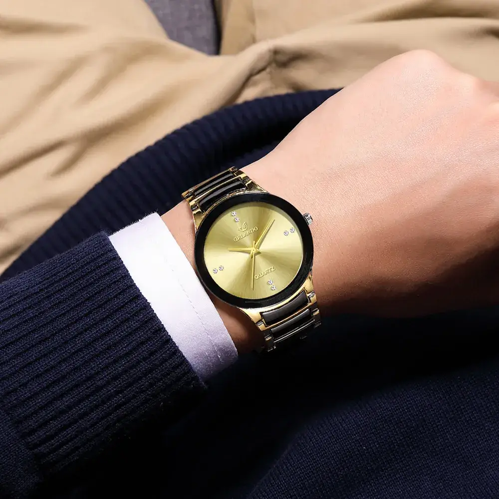Men's Gold Diamond Strap Watch with Black Dial