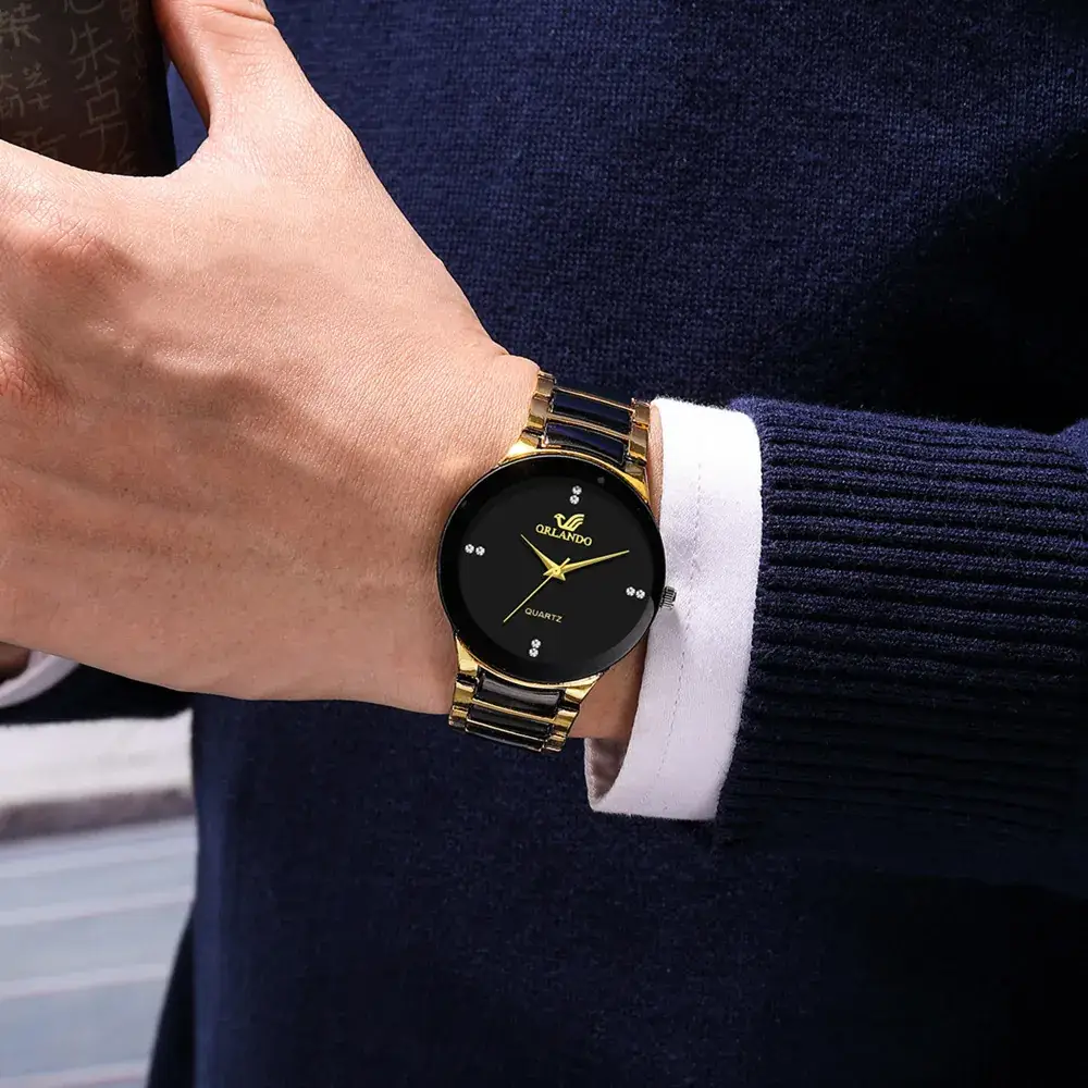 Men's Gold Diamond Strap Watch with Black Dial