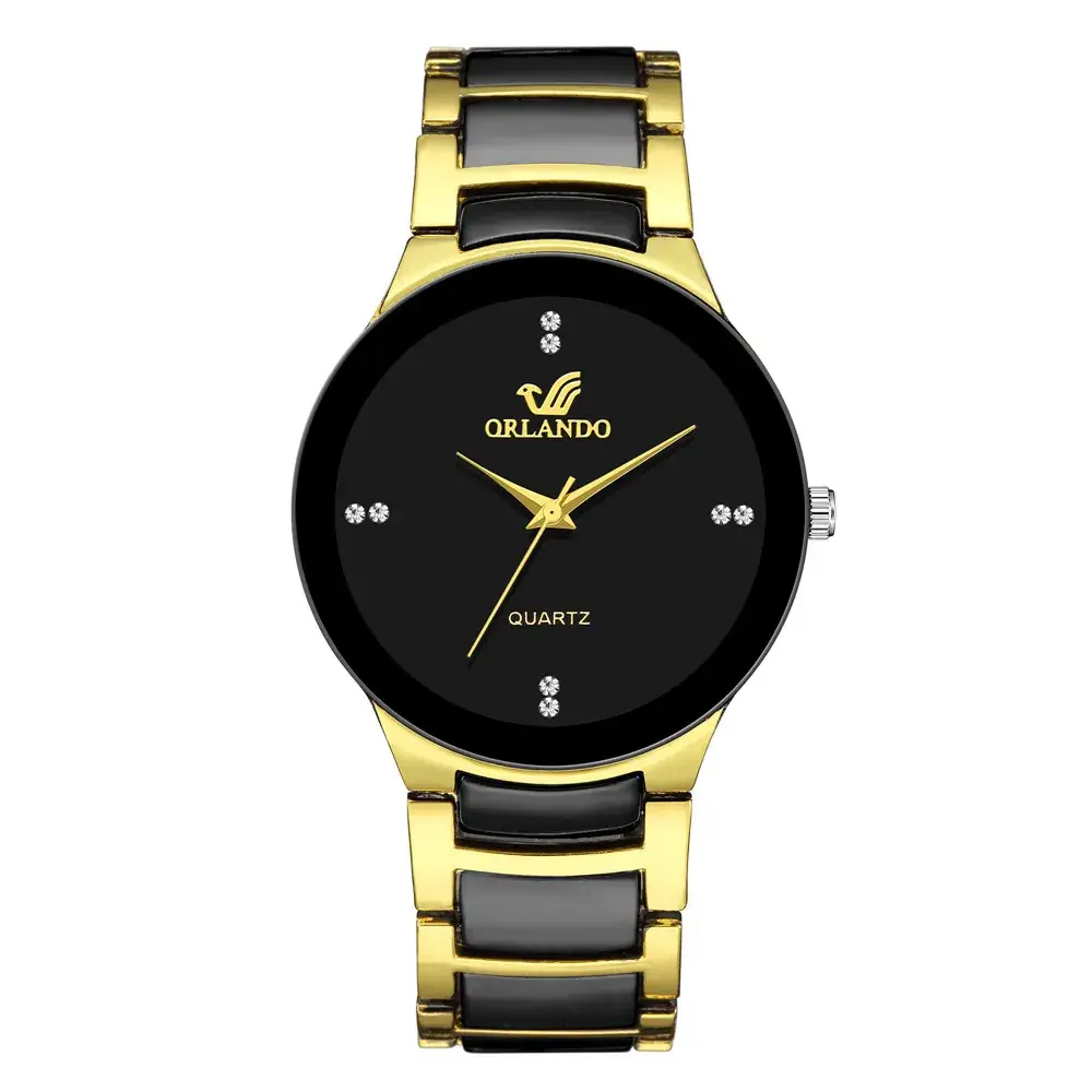 Men's Gold Diamond Strap Watch with Black Dial