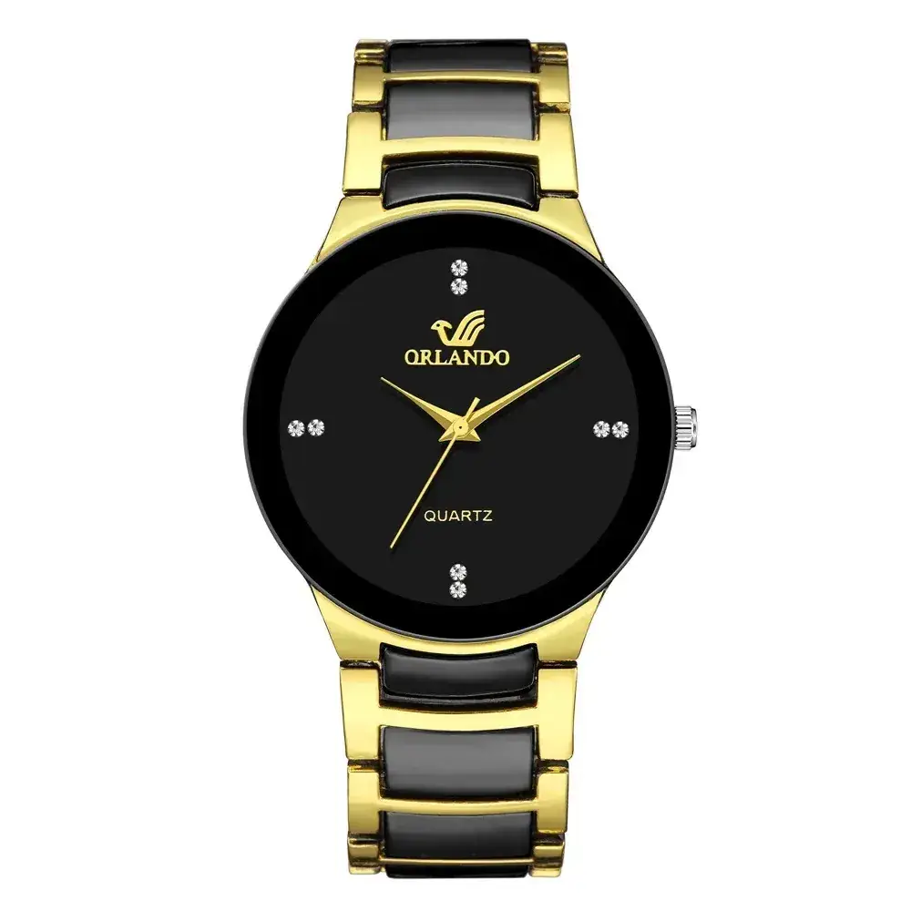Men's Gold Diamond Strap Watch with Black Dial