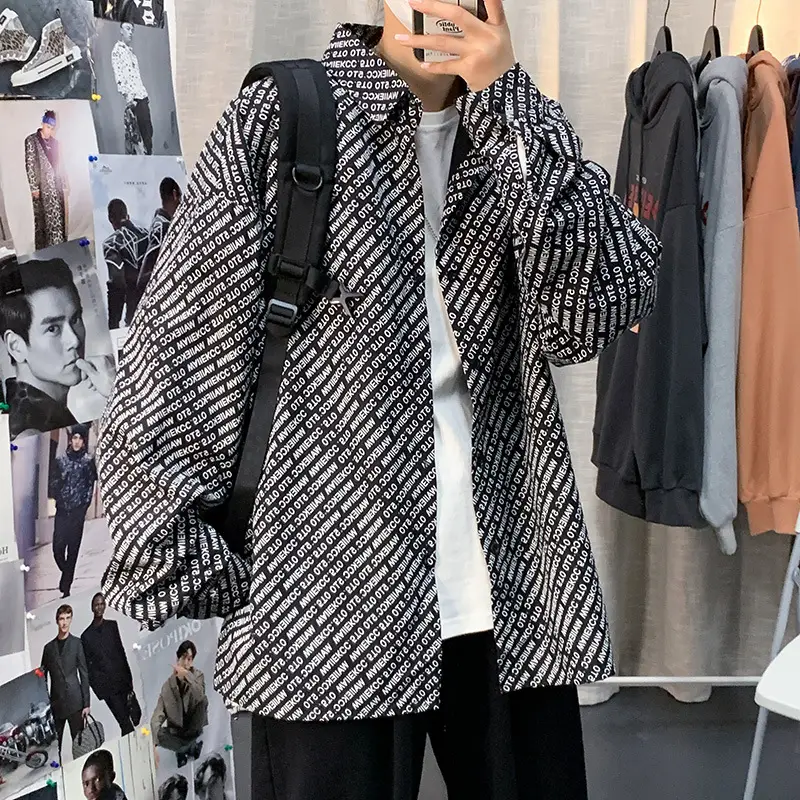 Men's Long Sleeve Korean Style Harajuku Shirt White Patterned Loose Ins Top - Image 4